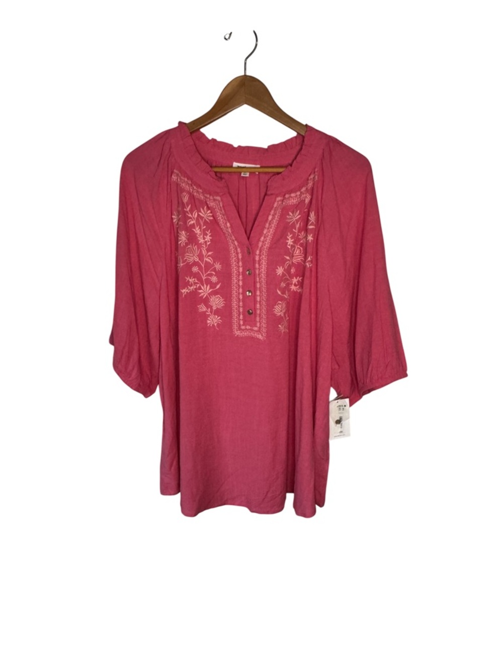 Westbound Womens Henley Blouse Pink Embroidered 2X Gathered Elastic Sleeves NWT - Picture 3 of 7